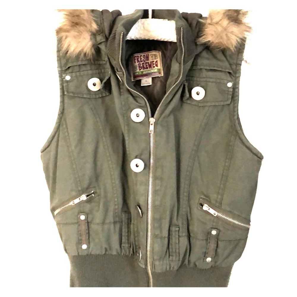 Stylish olive green vest with hood.